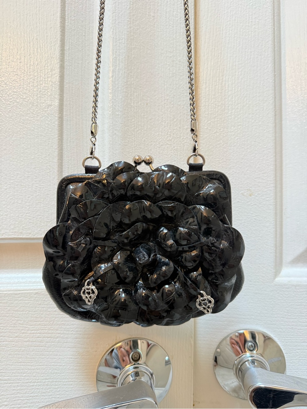 Brighton Black Patent Floral Rosette Evening Crossbody